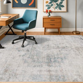 Low Pile Office Rugs for Rolling Chairs - 5x7 Abstract Rugs for Living Room, Large Entryway, Cream Slate Blue Decor, Non Slip with Rubber Backed & Stain Resistant