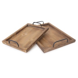 Besti Rustic Vintage Food Serving Trays (Set of 2) | Nesting Wooden Board with Metal Handles | Stylish Farmhouse Decor Serving Platters | Large: 15 x2 x11 - Small: 13 x2 x9 inches (Rustic Burnt)