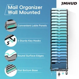 JMHUD 20-Tier Hanging Wall File Organizer with 5 Hooks, Wall File Holder with Labels, Vertical Wall Mount Mail Organizer for Papers, Folders, Magazines, Office Organization, Assembly Needed, Black