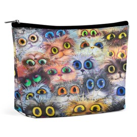 Women PU Leather Cosmetic Bag, Toiletry Storage 6.8x5.9x2.3 in Zipper Pouch Handbag Makeup Case Purse Holder Organizer Print Fluffy Cat Faces Colorful