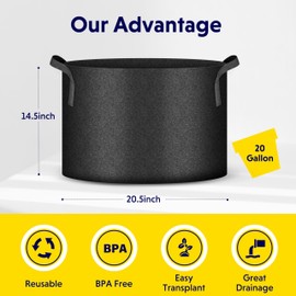 iPower 5-Pack 20 Gallon Plant Grow Bags Thickened Nonwoven Aeration Fabric Pots Heavy Duty Durable Container, Strap Handles for Garden, Black New