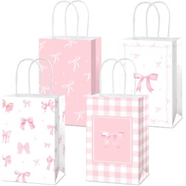 12Pcs Pink Bow Party Favor Bags Bow themed Goodie Bags Candy Bags for Birthday Bachelorette Party Decoration Coquette Bow Gift Treat Bags with Handles for Bridal Engagement Baby Shower Party Supplies
