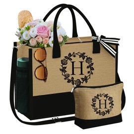 YOOLIFE Birthday Gifts for Women Her, Monogram Jute Tote Bag Beach Bag Travel Essentials Womens Gifts for Sister Girlfriend Aunt Friend Birthday Anniversary Bag Gifts Wedding Gifts for Women Letter H