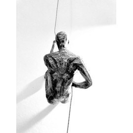 1x Antique Silver Climber Left-handed Handmade Climbing Man with Wire Rope Wall Mounted Art Sculpture