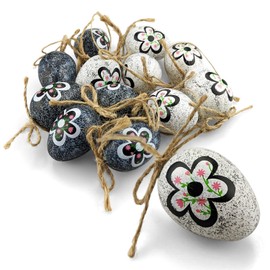 Netuno 12 Easter Eggs with Pendant 4 cm White Black with Flower Plastic Eggs Easter Decoration for Hanging Decorative Eggs Made of Plastic with String Plastic Eggs Spring Decoration Plastic Eggs
