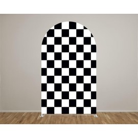Aerdce Black and White Checkered Racing Track Arched Fabric Backdrop Cover Arch Backdrop Stand Covers for Racing Party Photoshoot