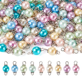 Spritewelry 90Pcs Pearl Connector Charms Round Glass Pearl Charms Satin Luster Pearl Glass Links Pendants Imitation Pearl Beads for Valentine’s Crafts DIY Summer Ocean Jewelry Making