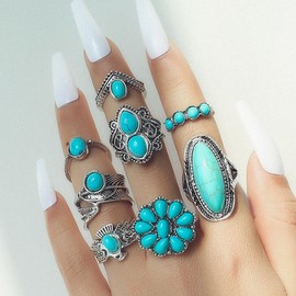 SONZERA Western Jewelry for Women Western Rings Set Boho Turquoise Ring Vintage Stackable Knuckle Ring for Women Cowgirl Accessories Jewelry, Metal, No Gemstone