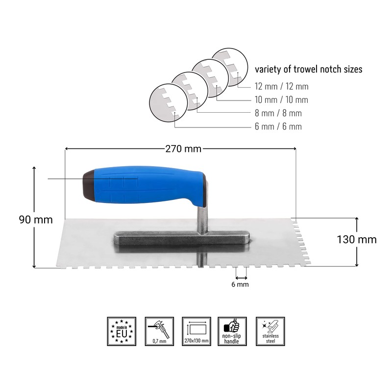 Mivos Toothed Smoothing Trowel 6 x 6 mm - Stainless
