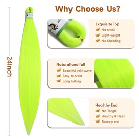 Fluorescent Green Braiding Hair Pre Stretched, 24inch 3 Packs