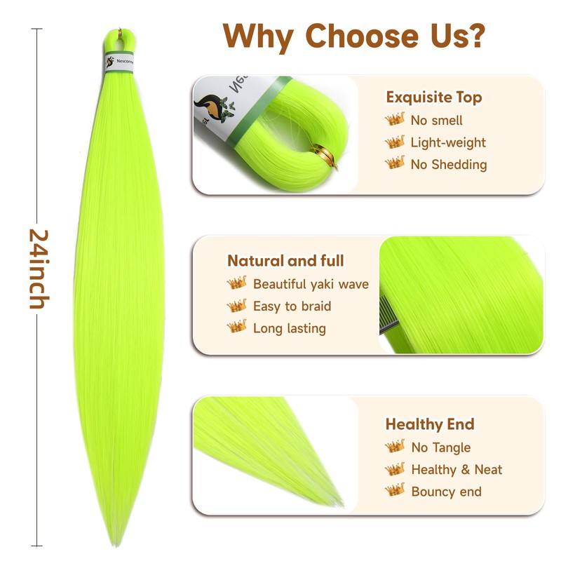 Fluorescent Green Braiding Hair Pre Stretched, 24inch 3 Packs
