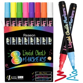 Chalk Markers, Vibrant Color Liquid Chalk Pens, for Chalkboard, Blackboard, Window, Glass, Mirror, Water-Based, Non-Toxic, 6mm Reversible Tip, 8 Pack