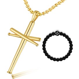 XIEXIELA Baseball Bats Cross Necklace.Athletes Baseball Silicone Bracelets.Stainless Steel Crucifix Pendant Chain 22" inches for Men Women Girls Glod