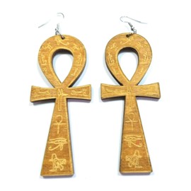 Teri's Boutique Egyptian Ankh Cross Wood Engraved Ancient Symbol of Life Fashion Jewelry Dangle Earrings (Brown)