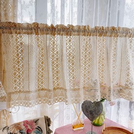 Yunsurey Rustic Crochet Curtain Valance for Kitchen Bathroom Farmhouse Lace Curtain Tiers for Coffee Decor Room Divider Rod Pocket Hollow Out Short Curtains for Closet Doorway 1 Panel W39 X L17 Inch