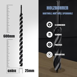 MOXPIFY 25 x 600 mm Wood Auger Drill Bit for Softwood, Hardwood with Centre Point and E 9.5 Shaft
