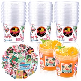 PerKoop 20 Pcs 32 oz Ice Cream Buckets with Lids and Handles Clear Cocktail Rum Buckets with Stickers Plastic Transparent Tub Reusable Food Storage Containers for Parties(Flamingo)