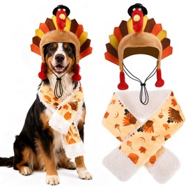 EXPAWLORER Thanksgiving Dog Turkey Costume 2 Pcs Set, Pet Holiday Headband Hat & Scarf Winter Collar Bandanas for Small Medium Large Dogs Puppy Cat Party Cosplay Outfit Pumpkin Accessory L