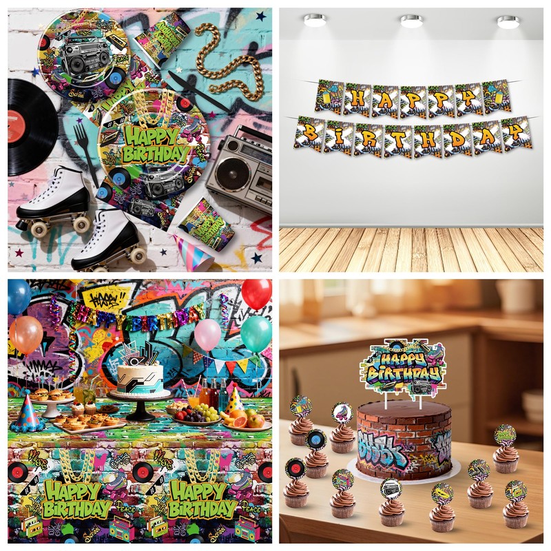 FVABO Graffiti Brick Wall Birthday Party Supplies for Retro 80s