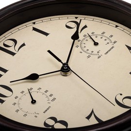 Foxtop Indoor Outdoor Weatherproof Wall Clock with Temperature Display and Hygrometer, No Ticking Noise, Silent Retro Clock for Patio, Bathroom, Kitchen, Living Room, Home Decor (Bronze, 30 cm)