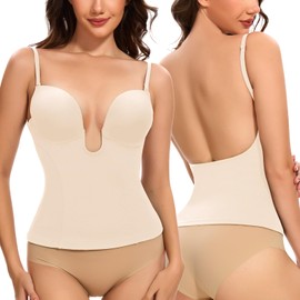 Slimers Backless Plunge Push Up Bra: Low Back Bras for Deep V Neck - Women Low Cut Shapewear Tops for Women Beige