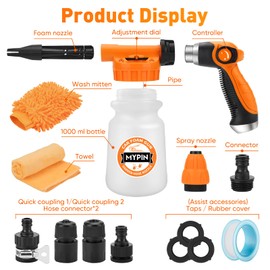 16 IN 1 Car Wash Foam Gun, Foam Cannon,Adjustable Hose Wash Sprayer with 2.5 to 6 Bars Foam Blaster,Wash Mitten &Towel,Suitable for Car Cleaning and Garden Use with 1/2” Quick Connector