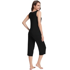 WiWi Women Pajama Set Sleeveless Top Capri Pants with Pockets Bamboo Viscose Soft V-Neck Tank Sleepwear PJ Sets S-XXL, B-black, X-Large