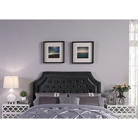 Iconic Home Chava Headboard Velvet Upholstered Button Tufted Double Row Silver Nailhead Trim Modern Transitional Full/, Queen, Black