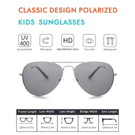 Rocf Rossini Kids Sunglasses Pilot UV Protection Cat. 3 Sun Glasses for Baby Boys and Girls Metal Toddler Shades with Case (Silver Frame, Grey Lens, Age 2-8, 49)
