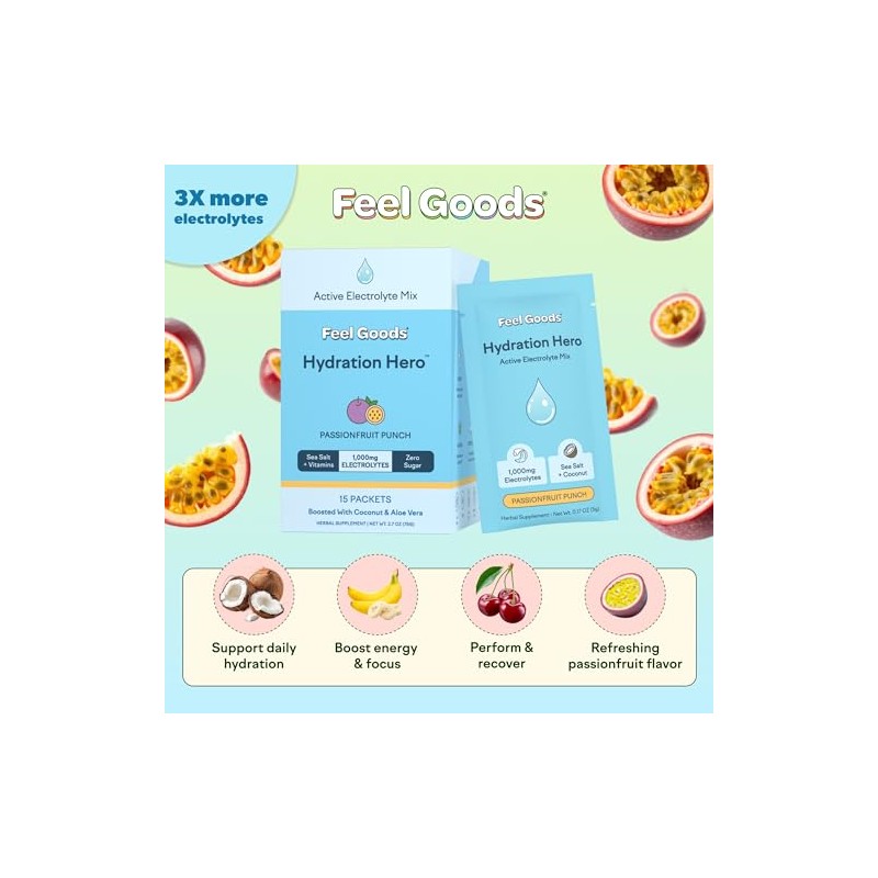 Feel Goods Hydration Hero, electrolitos en polvo de 1000 mg,