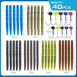 Gefischtter 40pcs Senko Worms Fishing Soft Plastic Bait Bass Fishing Lures Wacky Rig Carolina Rigged Texas Rigged Soft Lures Kit