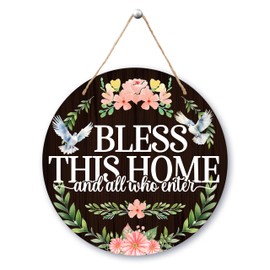 Welcome Door Sign, Bless This Home Front Door Decor, Christian Farmhouse Welcome Sign For Front Door Porch, Greenery And Floral Round Home Door Hanger Sign With Rope, Housewarming Gifts -23