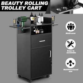 Artist hand Salon Station Cabinet with Wheels Beauty Hair Trolley Cart for Hair Stylist with 6 Tool Holders, Salon Cabinets and Variety of Storage Space, Salon Stations 360 Degree Fixed Pulley（Black）