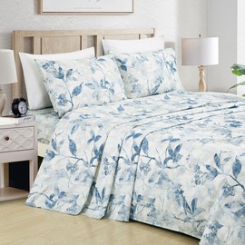 Chezmoi Collection Monica 3-Piece Tropical Floral Bed Sheet Set - Blue Gray White Textured Floral Printed Microfiber 14-Inches Deep Pocket Sheets & Pillowcases Set, Twin