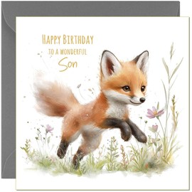 Cute Son Birthday Cards Fox Birthday Card - Cute Watercolor Fox Kit Birthday Greeting Cards for Son