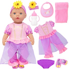 7 Pcs Piece Purple Princess Baby Doll Clothes Set for 16-18 Inch Dolls - Includes Jumpsuit Outfit and Accessories for 18 Inch Dolls (Doll not Included)