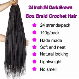 Brown Box Braid Crochet Hair 24 Inch Pre Looped Crochet Braids Color 4 Chocolate Brown Soft Knotless Box Braids Pre-looped Crochet Hair for Black Women (4#, 24 inch 6 pack)