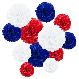 ZYOOO 12pcs Red White Blue Tissue Paper Pom Poms,Hanging Patriotic Paper Pompoms for Party, Coronation, Olympics, Nautical, Wedding, Birthday Decorations