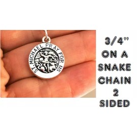 Fashion Jewelry Small  SAINT MICHAEL PRAY ARCHANGEL ANGEL Charm On 22" 925 Silver Snake Necklace