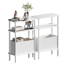 Newmics Narrow Side Table with Fabric Basket, Set of 2 End Table for Small Spaces, Slim Nightstand with 3-Tier Storage Shelf, Sofa Beside Table, for Living Room, Bed Room, Natrual White