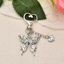 Silver Butterfly Keychain for Women Bag Charm Accessories for Purses Handbags Butterfly Gifts for Girls Pearl Heart Key Chain Y2K Keychainds for Backpack Car Keys