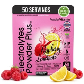 PowderVitamin Electrolitos en polvo Plus (20 porciones) Limonada de frambuesa, electrolitos en polvo, cetogénico, cero calorías, 0 azúcares, sin...   