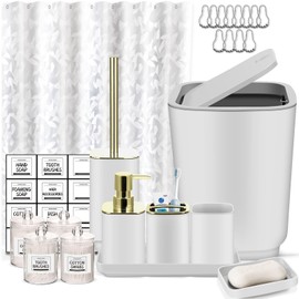 IMAVO White Bathroom Accessories Set with Shower Curtain,23 Piece Bathroom Set,Trash Can,Soap Dispenser,Soap Dish,Toothbrush Holder,Toothbrush Cup,Toilet Brush and Qtip Holders