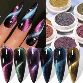 Pearlescent Crystal Sand Cat's Eye Nail Powder Holographic Chrome Nail Powder Mirror Effect Glitter Nail Art Dust Design Sparkle Nails Supplies for Women Girls Manicure Tips Charms (6 Colors)