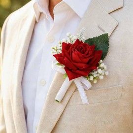 Latious Rose Wedding Boutonniere White Groom Flower Buttonholes for Men and Groomsmans (Red)