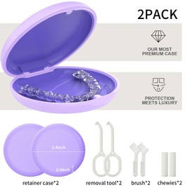 2 Pack Retainer Case, Slim Aligner Case, Compatible with Invisalign, Mouth Guard Case, Cute Orthodontic Retainer Case with Retainer Removal Tool and Brush, Purple