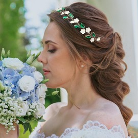 BETITETO Bridal Crystal Flower Headband Wedding Rhinestone Pearl Floral Hair Vine Headpiece Accessories for Women Girls (Green Crystal Silver Vine)