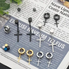 30 Piezas Aretes Falsos Piercing Hombre Imán Acero Cruz