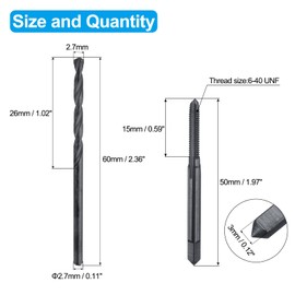 sourcing map Tap and Drill Bit Set, 1pcs 6-40 UNF Straight Flute Thread Screw Taps & 1pcs 2.7mm Twist Drill Bits, Black Oxide HSS-6542 Tapping Threading Tool Kit