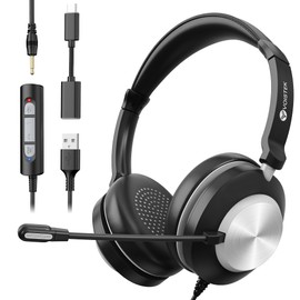 USB Headset with Mic for PC/Laptop, Computer Headphones (On Ear) -Wired Work Headset with Mic Noise Cancelling & Volume Controls, for Work, Home, Office, Online Classes, Skype, Video Meeting, Zoom